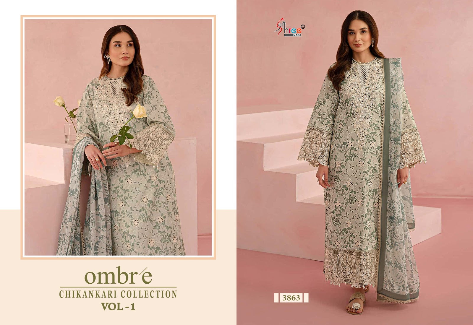 Ombre Vol 1 Chikankari Collection Shree Fabs Cotton Pakistani Patch Work Suits Supplier Ahmedabad
