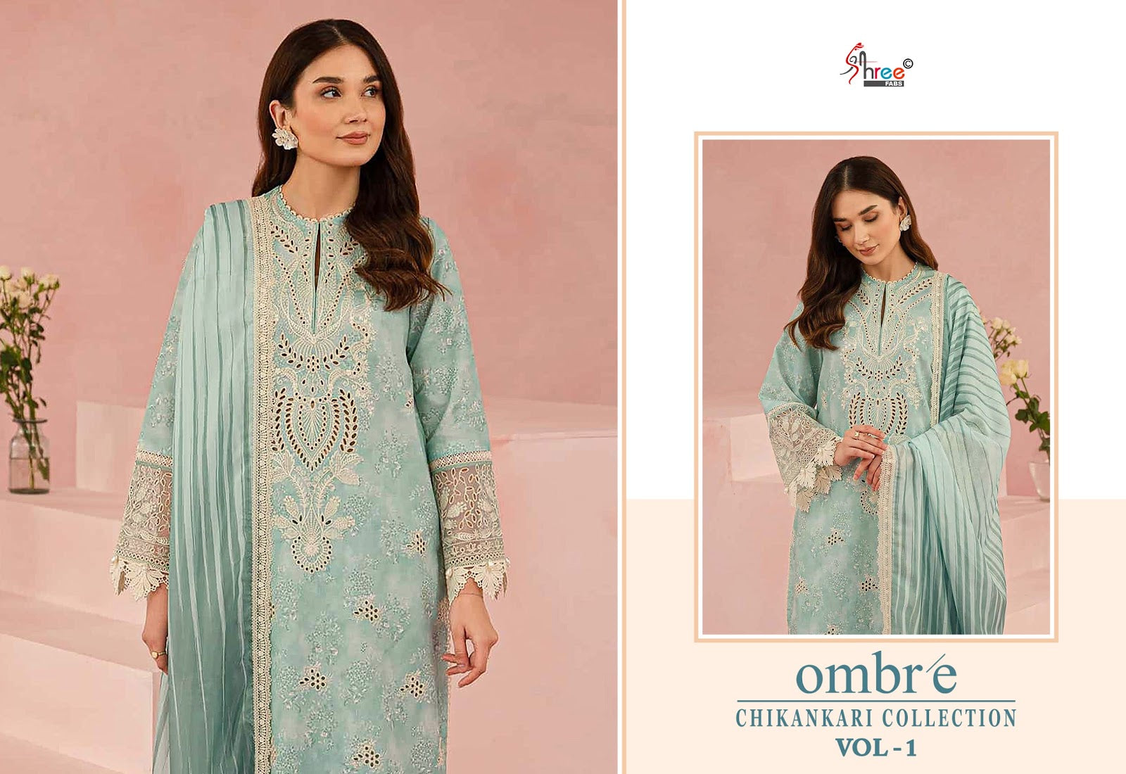 Ombre Vol 1 Chikankari Collection Shree Fabs Cotton Pakistani Patch Work Suits Supplier Ahmedabad