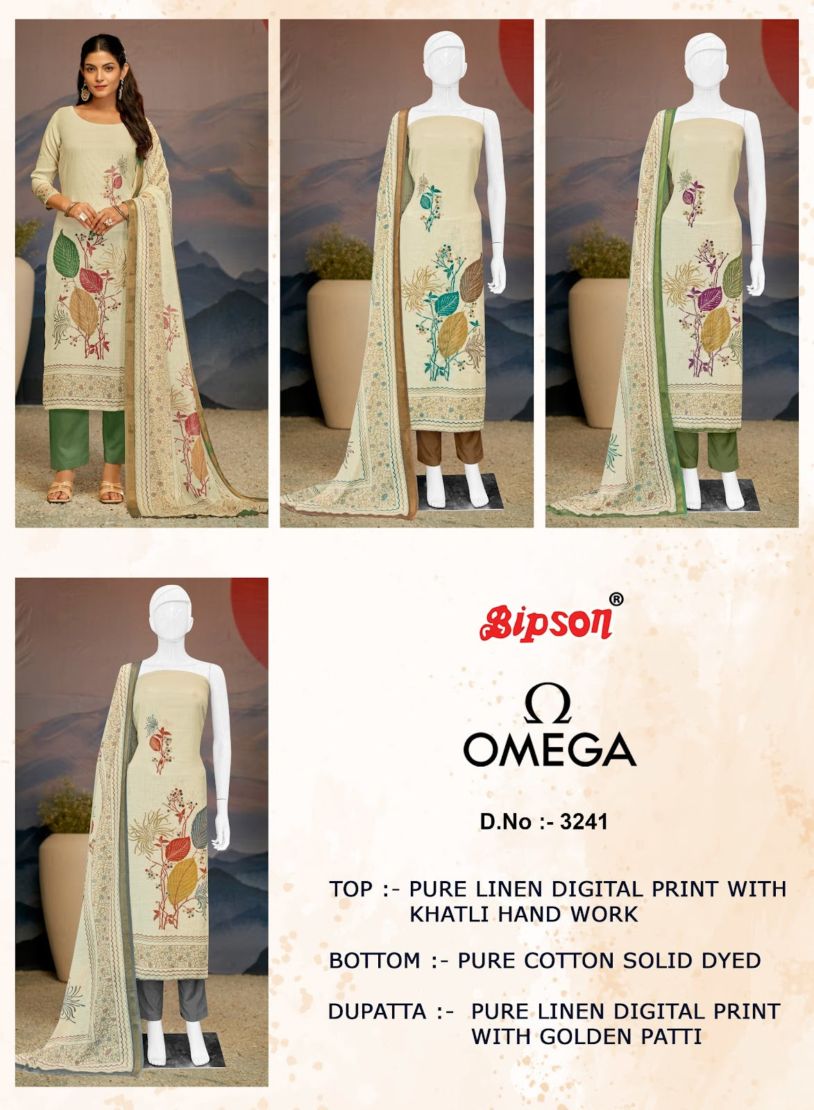 Omega 3241 Bipson Prints Linen Pant Style Suits Wholesaler Gujarat