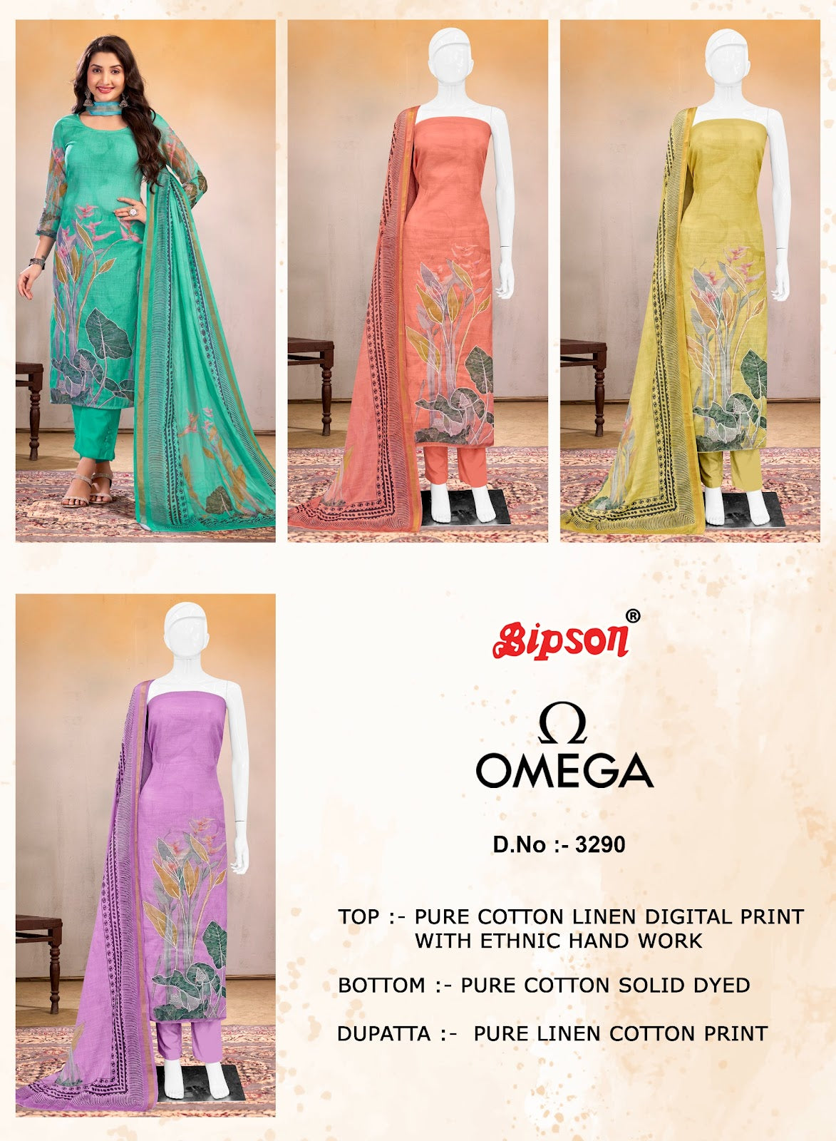 Omega 3290 Bipson Prints Linen Pant Style Suits Manufacturer Gujarat