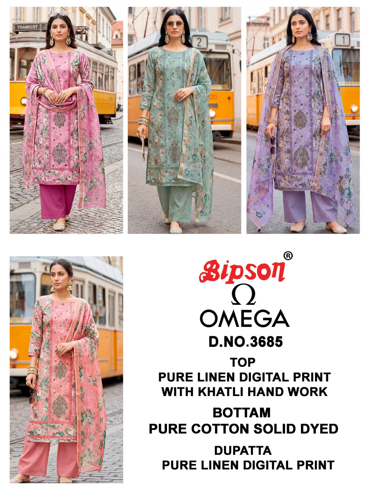 Omega 3685 Bipson Prints Pure Linen Pant Style Suits Wholesaler Ahmedabad