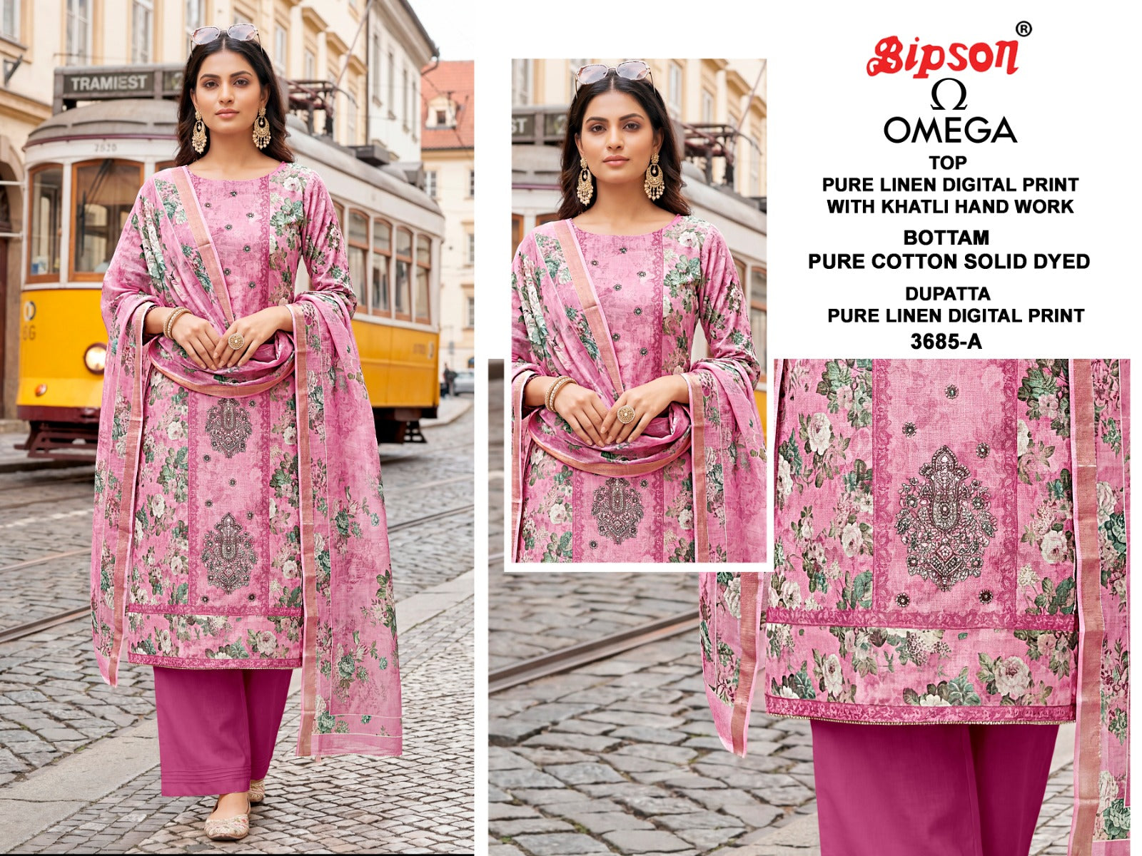 Omega 3685 Bipson Prints Pure Linen Pant Style Suits Wholesaler Ahmedabad