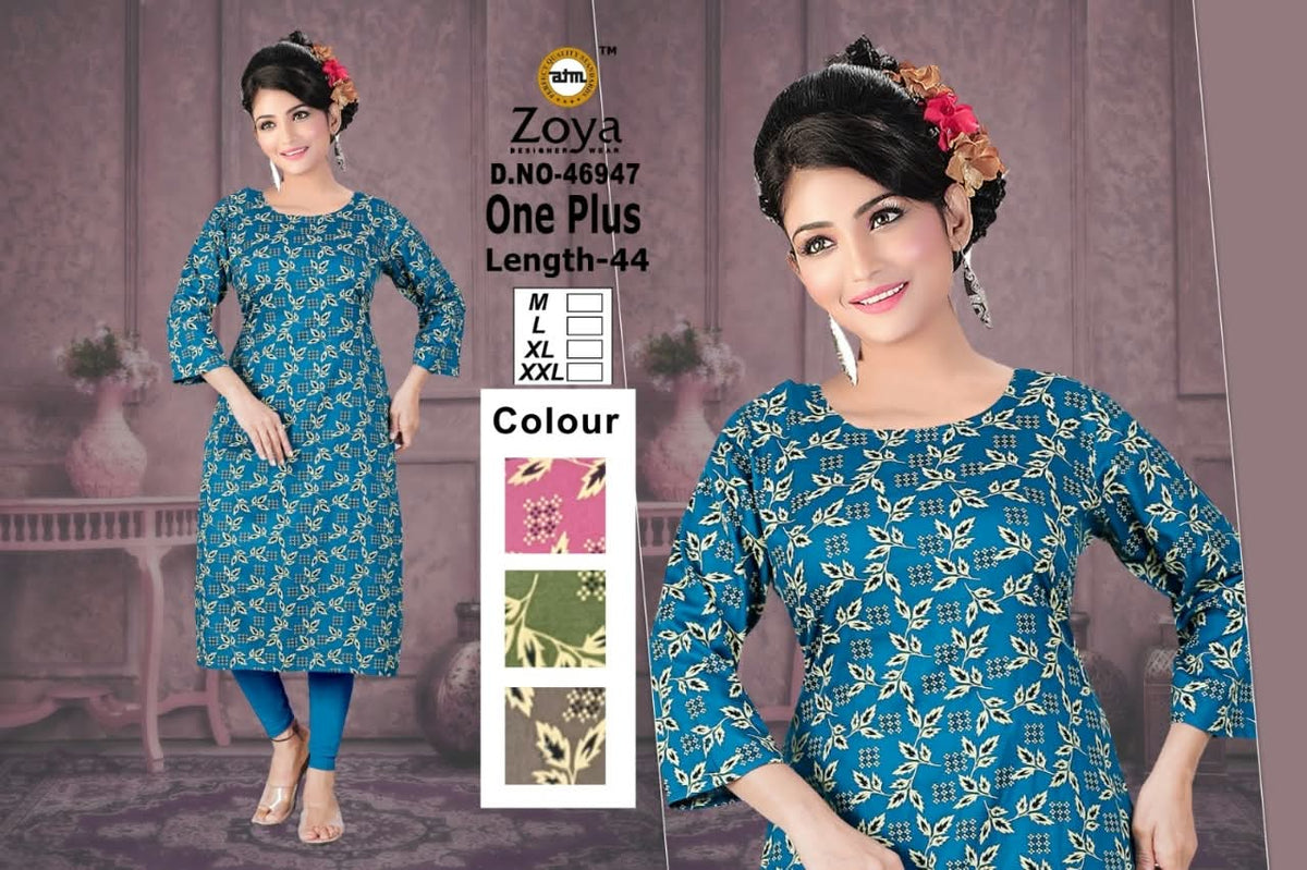 One Plus 120926 Zoya Rayon Knee Length Kurtis Wholesaler Ahmedabad