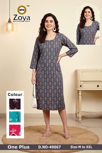 One Plus 120926 Zoya Rayon Knee Length Kurtis Wholesaler Ahmedabad