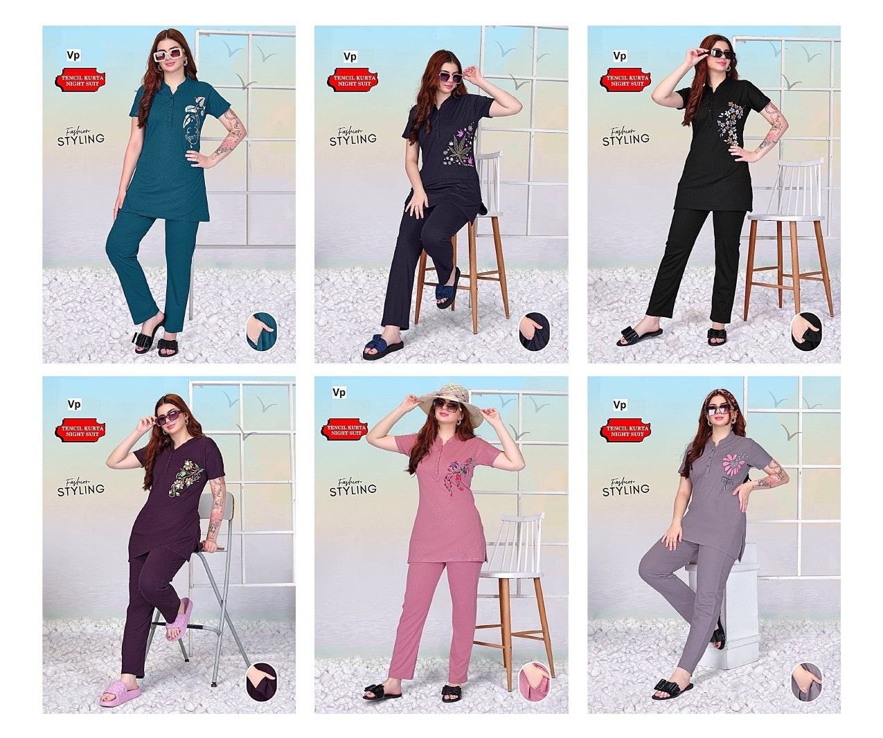 One Side Print Vp Tencil Kurta Night Suits Supplier Gujarat