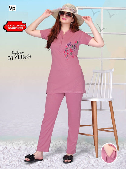 One Side Print Vp Tencil Kurta Night Suits Supplier Gujarat