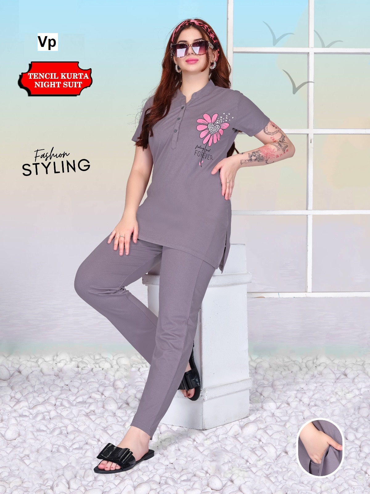 One Side Print Vp Tencil Kurta Night Suits Supplier Gujarat