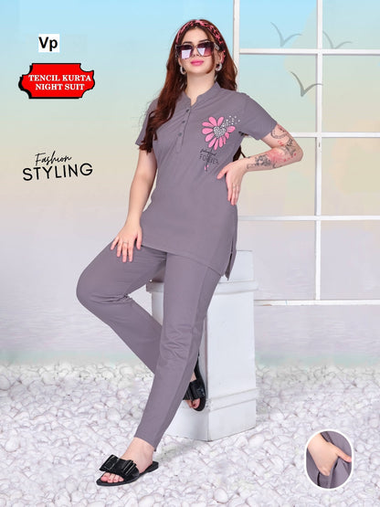 One Side Print Vp Tencil Kurta Night Suits Supplier Gujarat