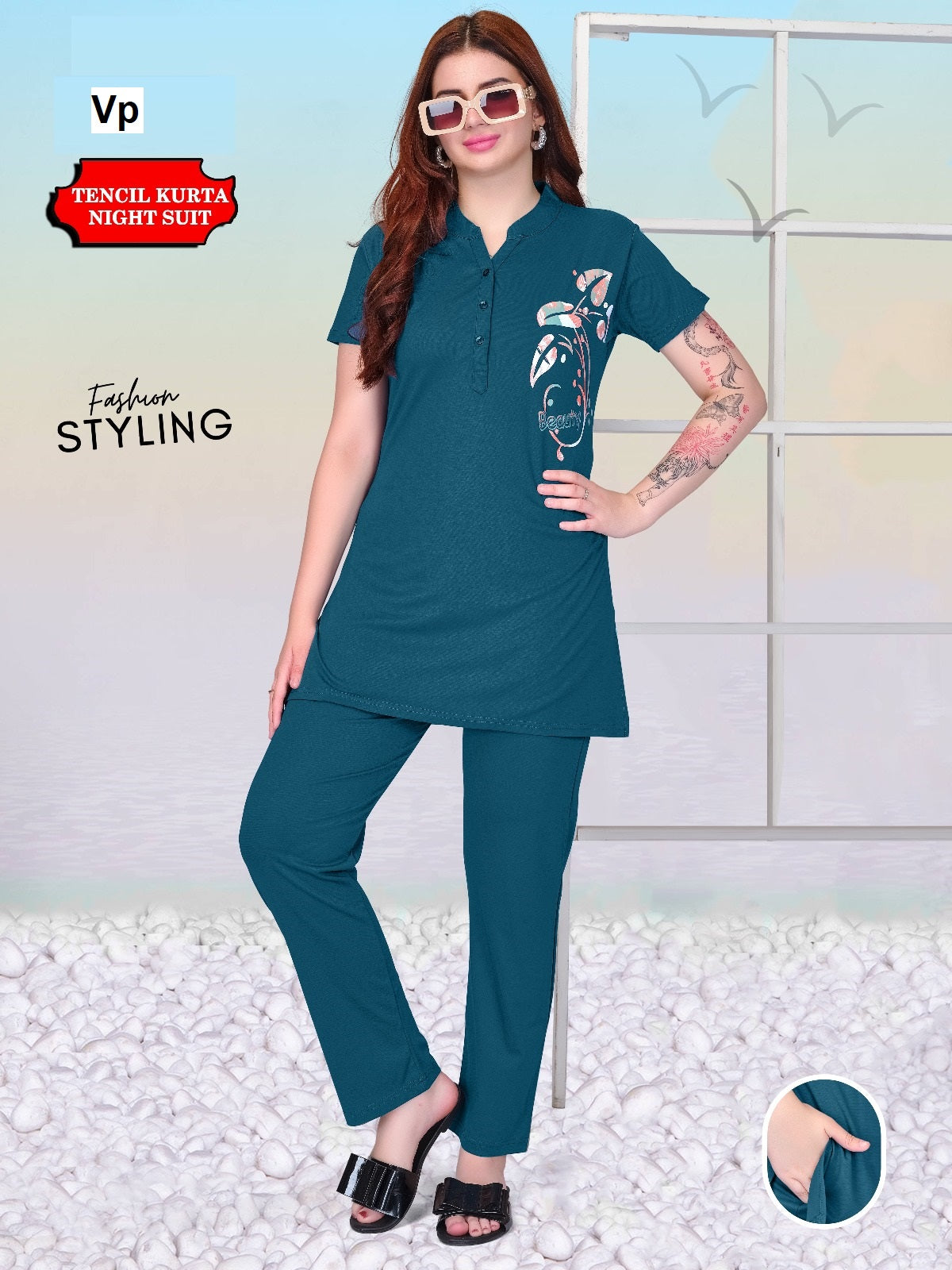 One Side Print Vp Tencil Kurta Night Suits Supplier Gujarat