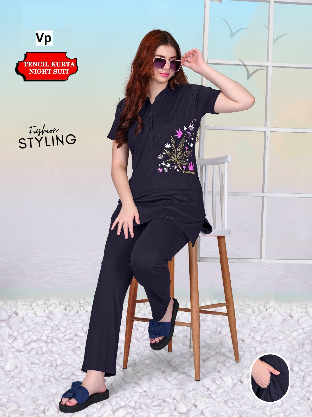 One Side Print Vp Tencil Kurta Night Suits Supplier Gujarat