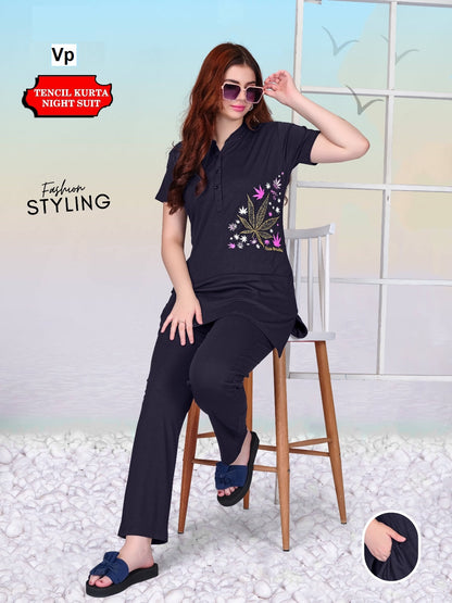 One Side Print Vp Tencil Kurta Night Suits Supplier Gujarat