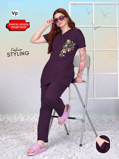 One Side Print Vp Tencil Kurta Night Suits Supplier Gujarat