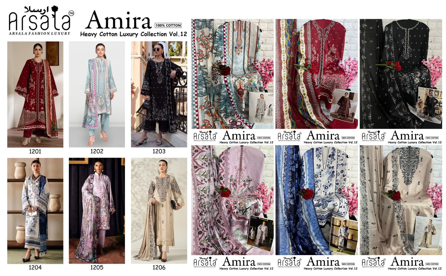 Amira Vol 12 Arsala Fashion Lawn Cotton Open Pic Karachi Salwar Suits Exporter India
