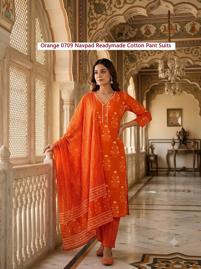 Orange 0709 Navpad Readymade Cotton Pant Suits Exporter Ahmedabad