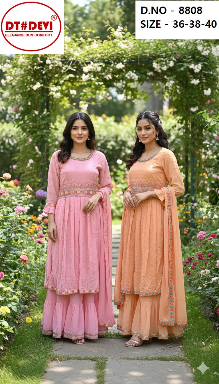 Orange Peach Radhika 8808 New Dt Devi Georgette Girls Readymade Sharara Suits Exporter