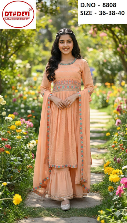 Orange Peach Radhika 8808 New Dt Devi Georgette Girls Readymade Sharara Suits Exporter