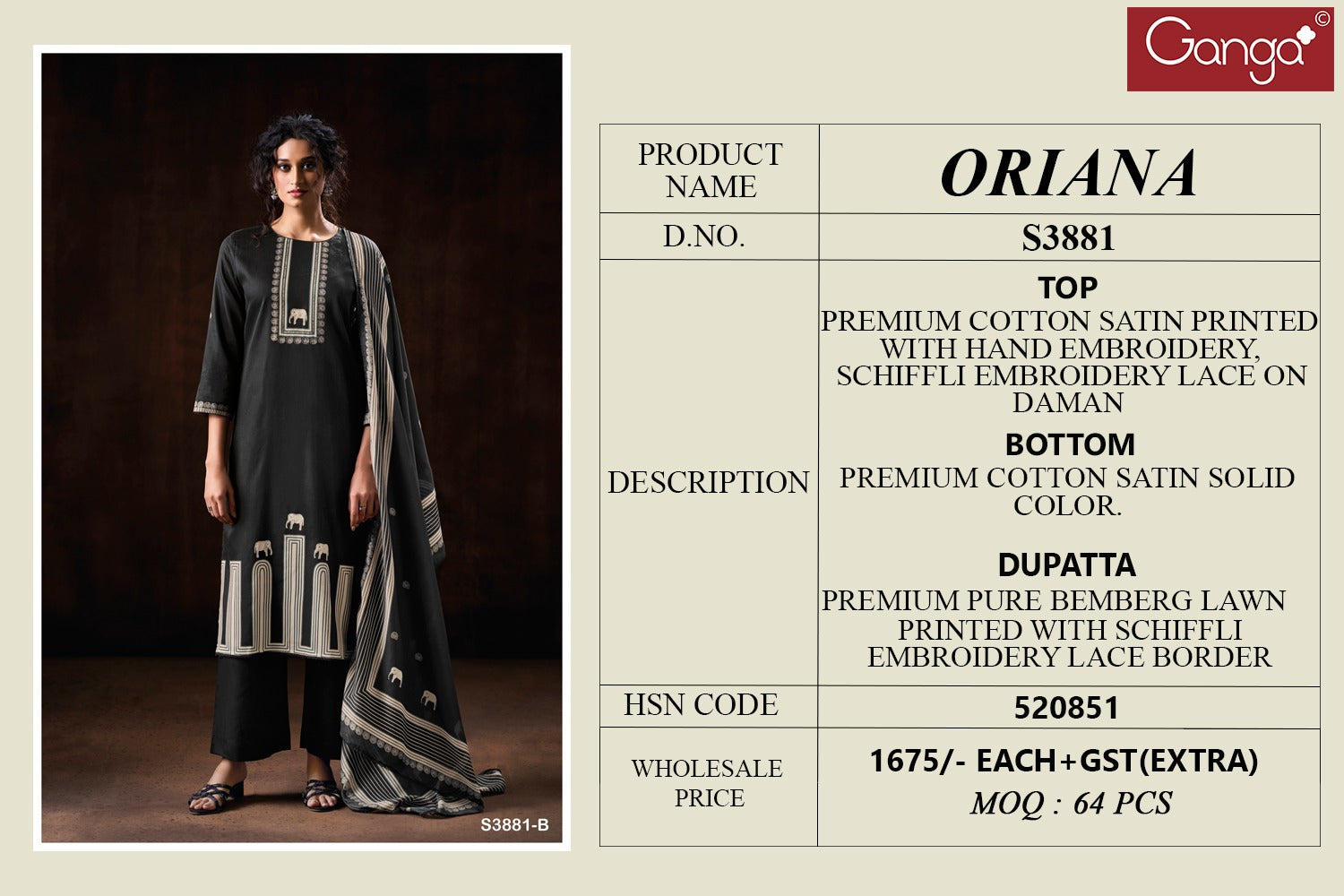 Oriana 3881 Ganga Cotton Satin Plazzo Style Suits Wholesale Price