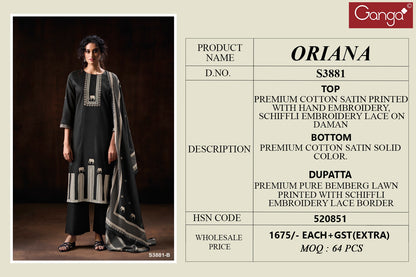 Oriana 3881 Ganga Cotton Satin Plazzo Style Suits Wholesale Price
