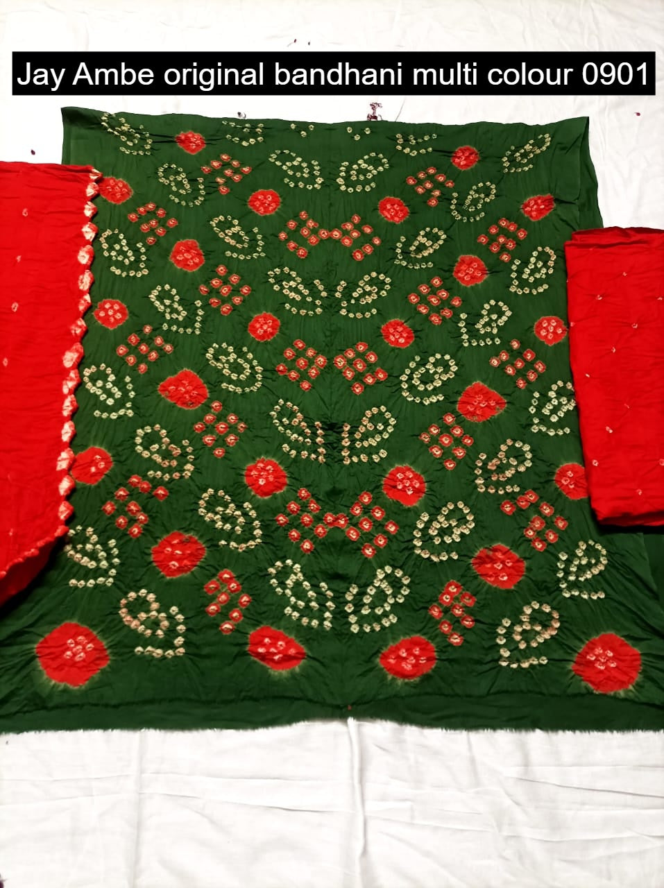 Original Bandhani Multi Colour 0901 Jay Ambe Satin Salwar Suits Wholesaler Gujarat