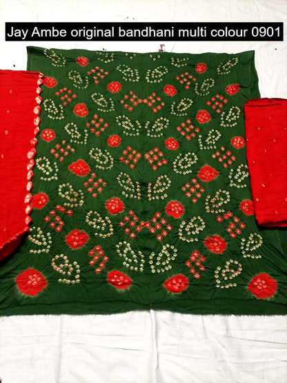 Original Bandhani Multi Colour 0901 Jay Ambe Satin Salwar Suits Wholesaler Gujarat
