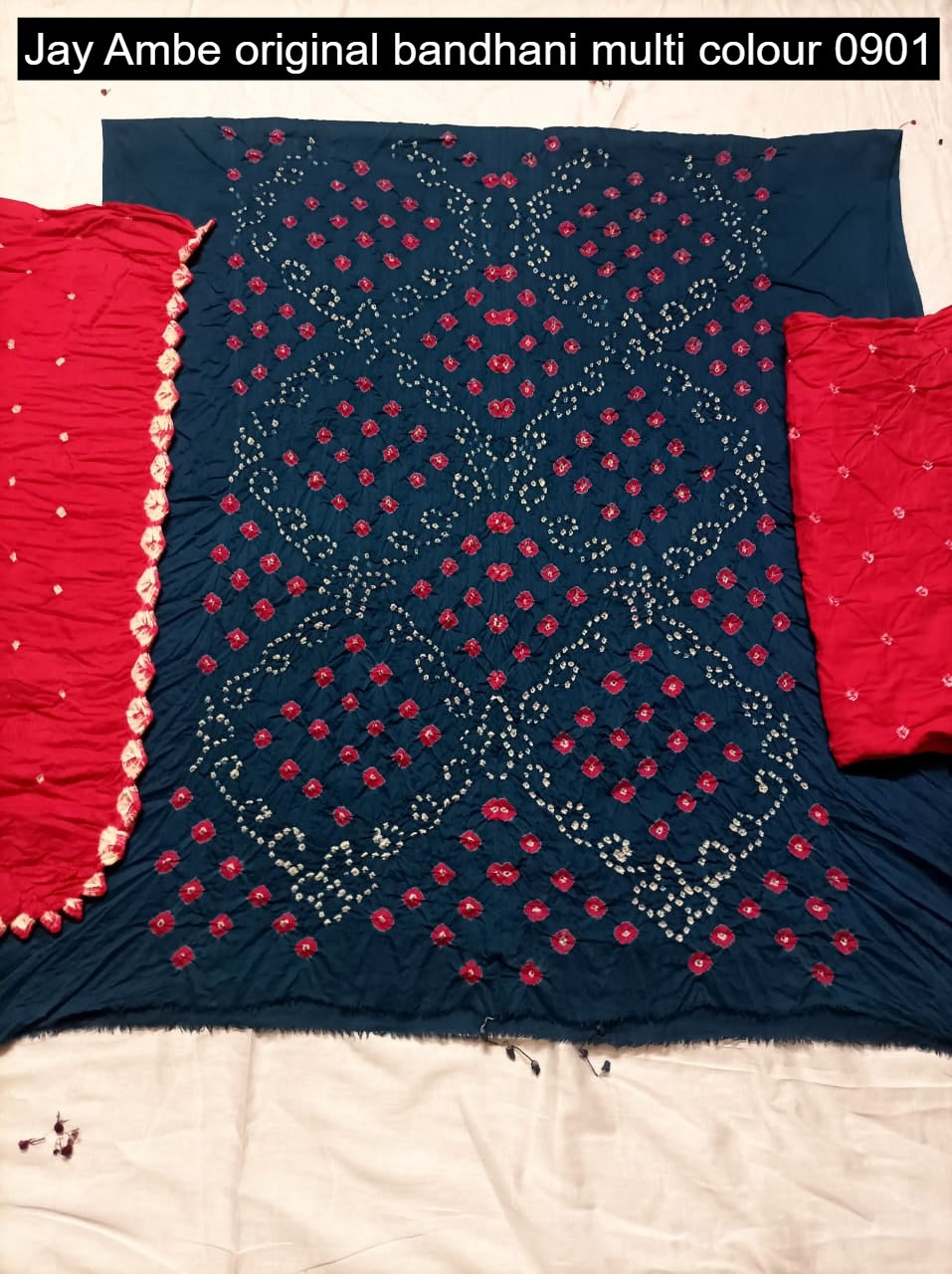 Original Bandhani Multi Colour 0901 Jay Ambe Satin Salwar Suits Wholesaler Gujarat