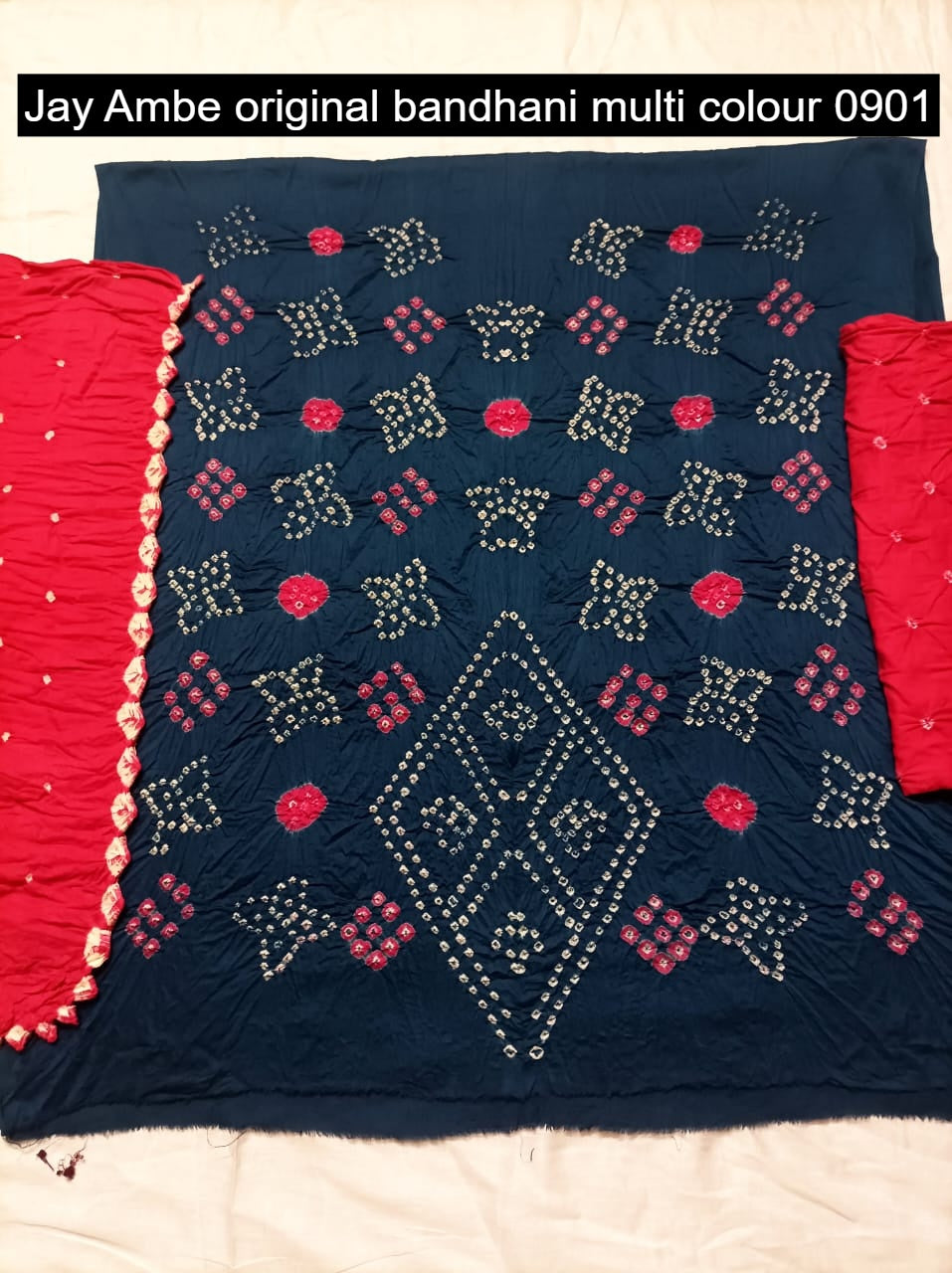 Original Bandhani Multi Colour 0901 Jay Ambe Satin Salwar Suits Wholesaler Gujarat