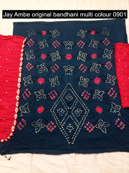 Original Bandhani Multi Colour 0901 Jay Ambe Satin Salwar Suits Wholesaler Gujarat