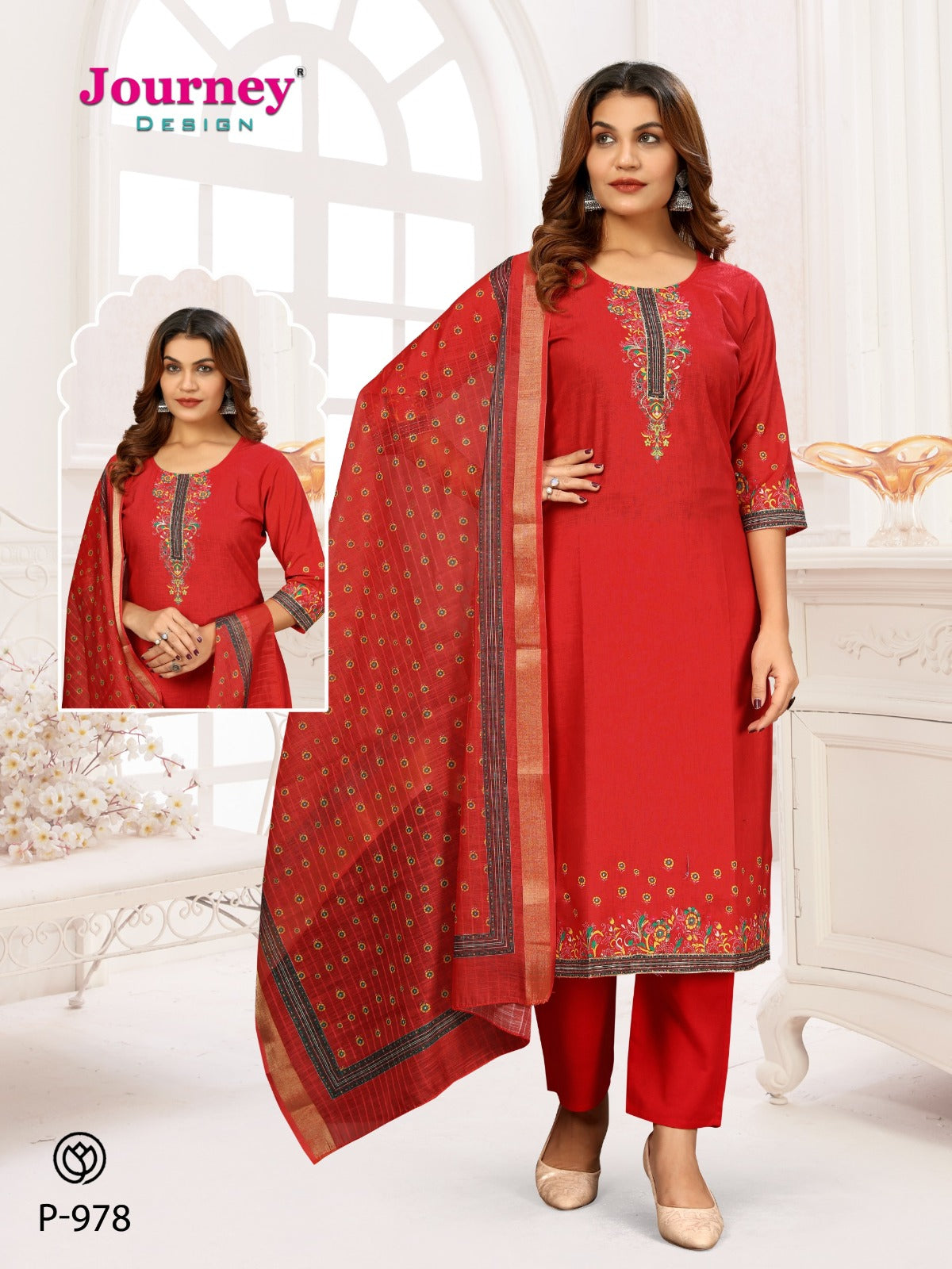 P-977 To P-978 Journey Design Poly Reyon Readymade Suits Exporter Ahmedabad