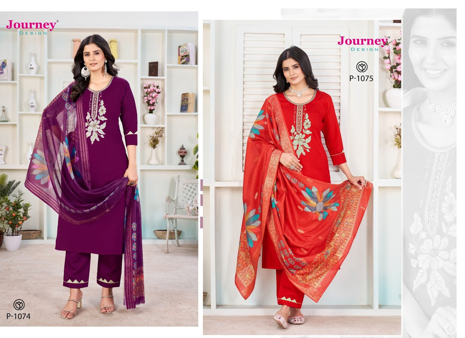 P1074-1075 Journey Design Ruby Readymade Pant Style Suits Manufacturer India