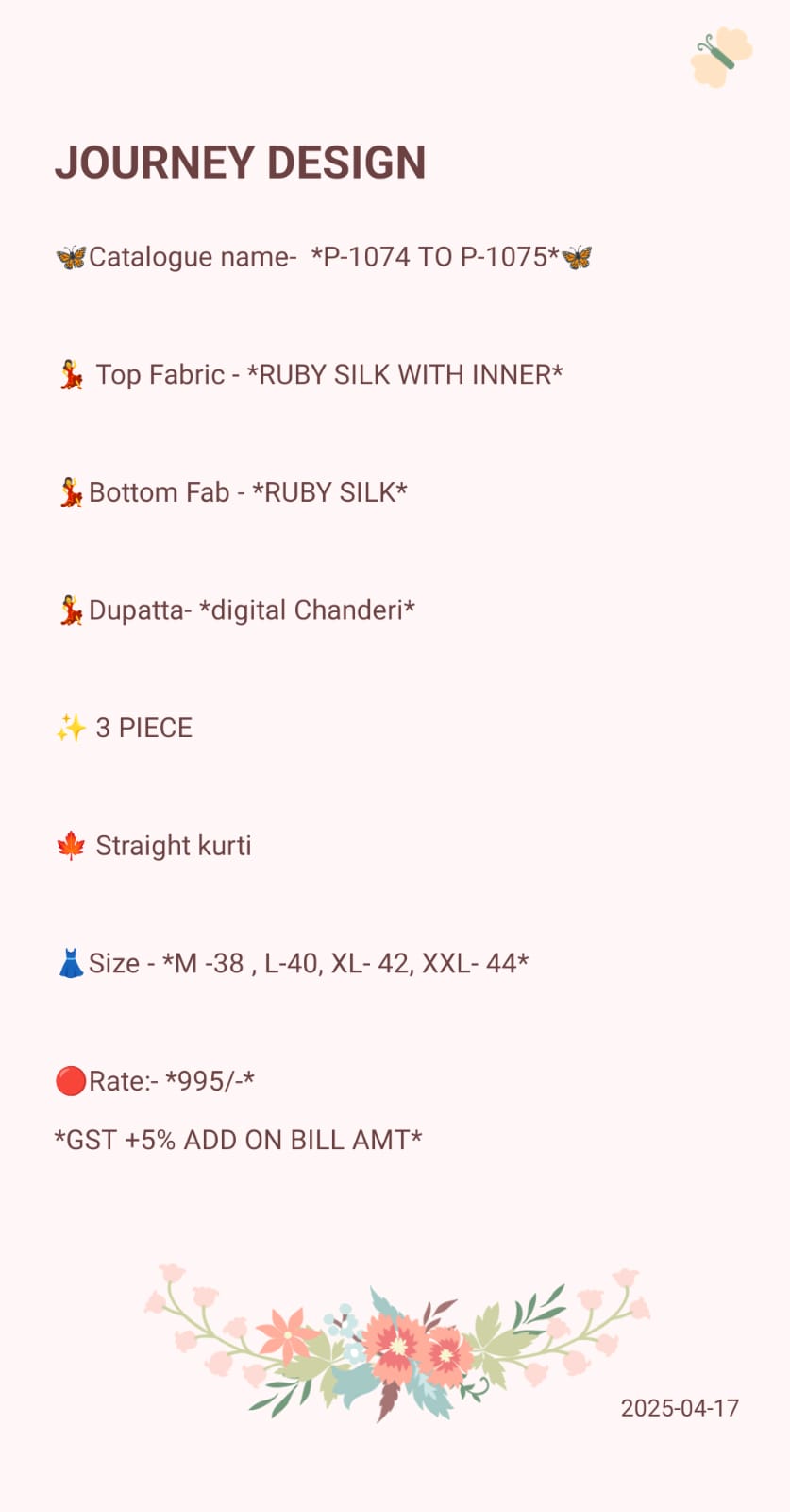 P1074-1075 Journey Design Ruby Readymade Pant Style Suits Manufacturer India