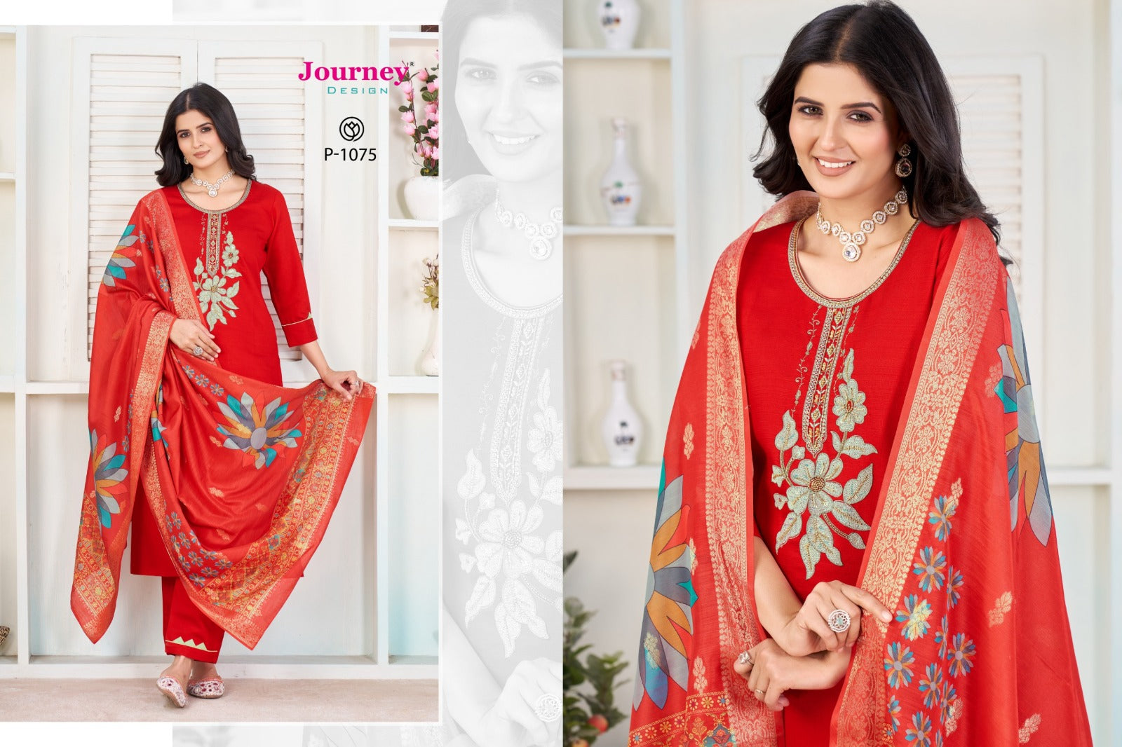 P1074-1075 Journey Design Ruby Readymade Pant Style Suits Manufacturer India