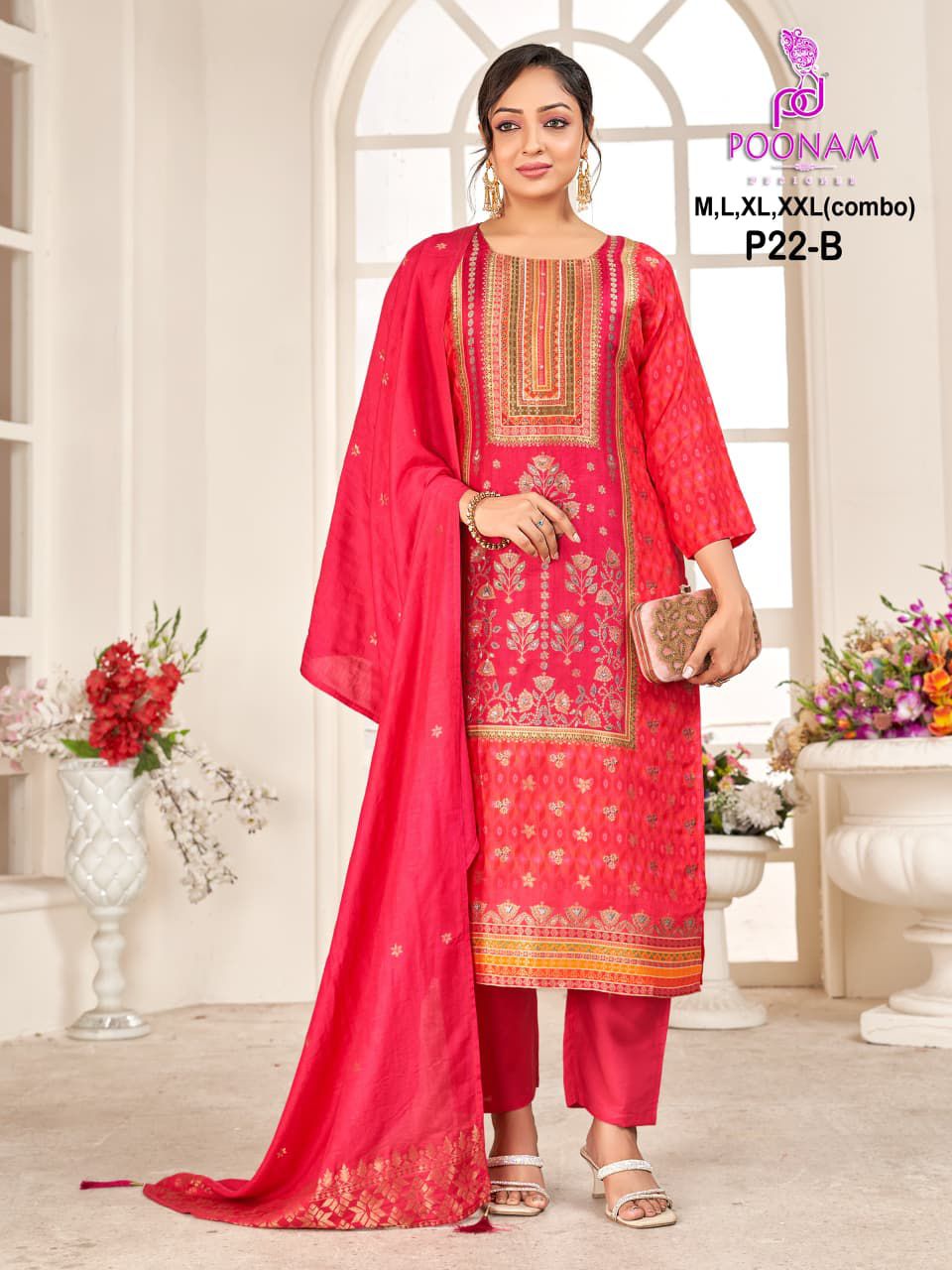 P22 Poonam Designer Silk Jacquard Readymade Pant Style Suits Wholesale Price