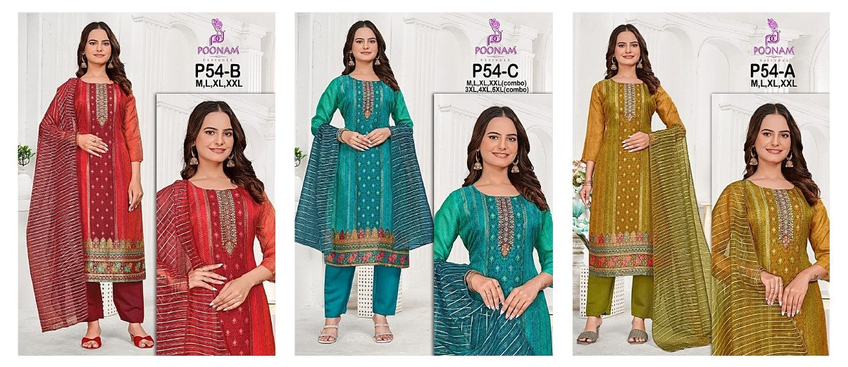 P54 Poonam Designer Organza Jacquard Readymade Pant Style Suits Wholesaler