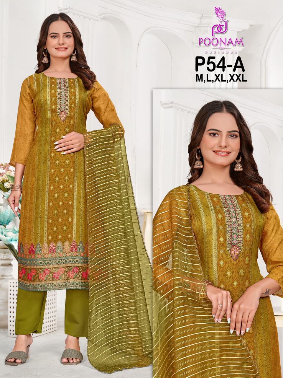 P54 Poonam Designer Organza Jacquard Readymade Pant Style Suits Wholesaler