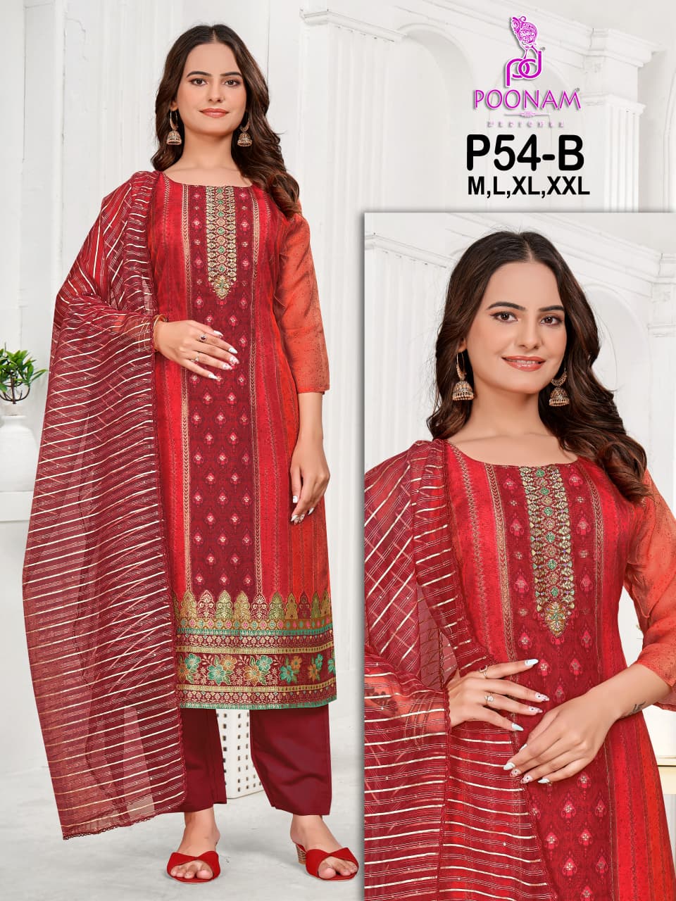 P54 Poonam Designer Organza Jacquard Readymade Pant Style Suits Wholesaler