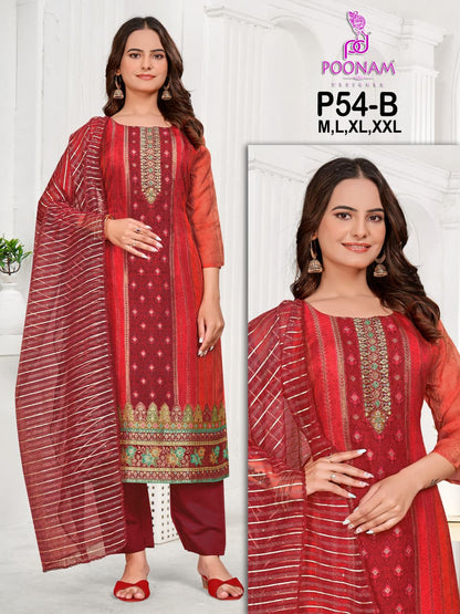 P54 Poonam Designer Organza Jacquard Readymade Pant Style Suits Wholesaler
