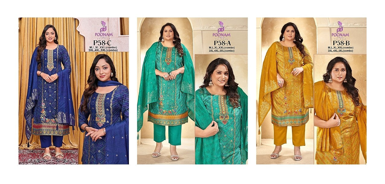 P58 Poonam Designer Dola Silk Readymade Pant Style Suits Wholesaler Ahmedabad