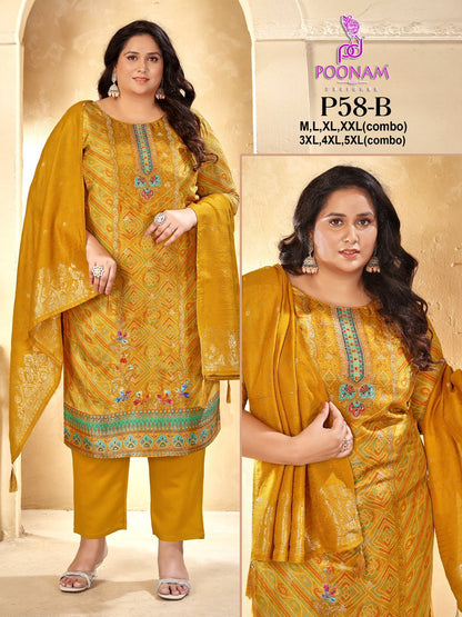 P58 Poonam Designer Dola Silk Readymade Pant Style Suits Wholesaler Ahmedabad