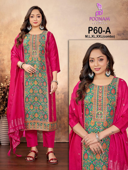P60 Poonam Designer Dola Silk Readymade Pant Style Suits Exporter India