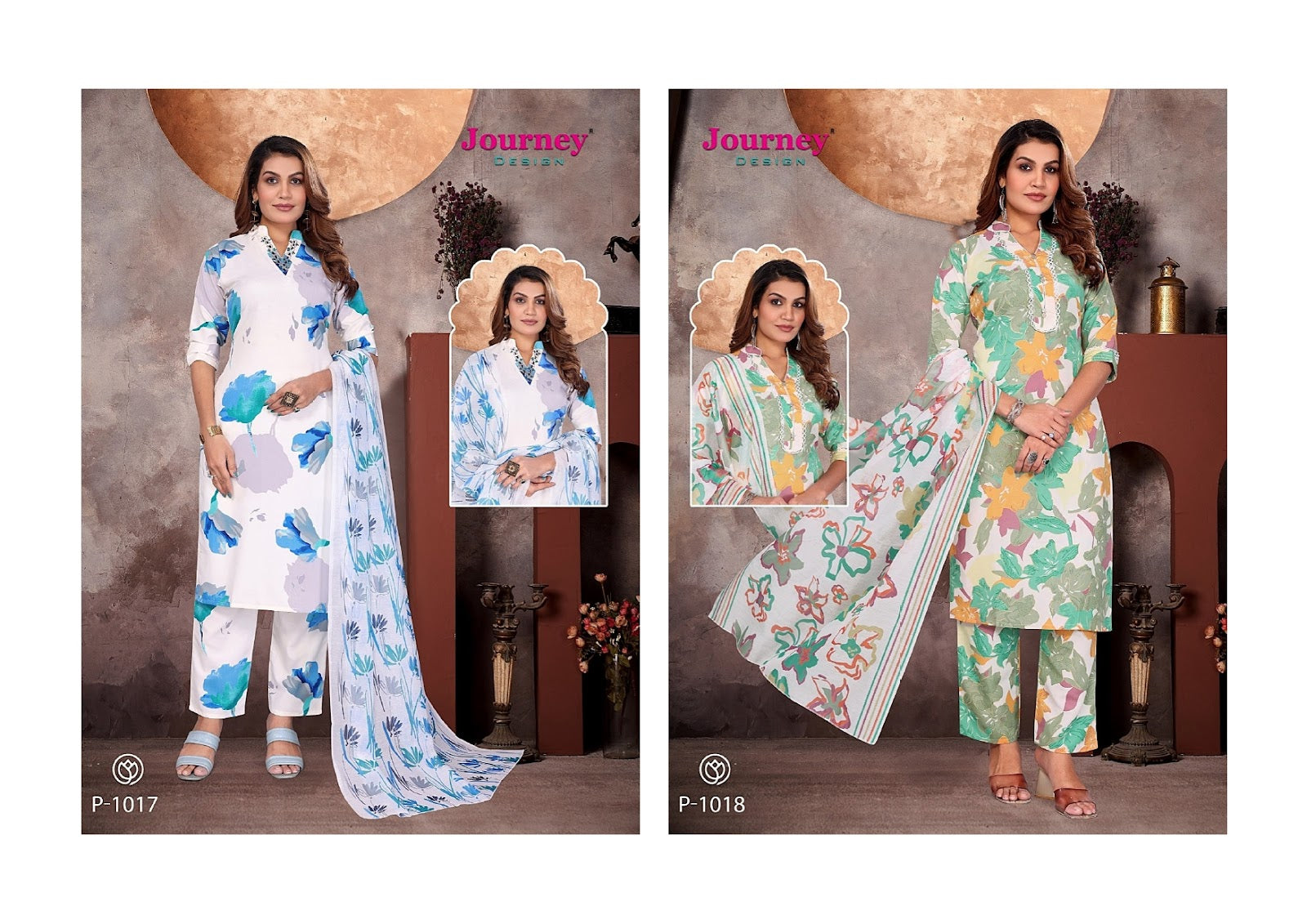 P 1017-1018 Journey Design Reyon Readymade Pant Style Suits Exporter Gujarat