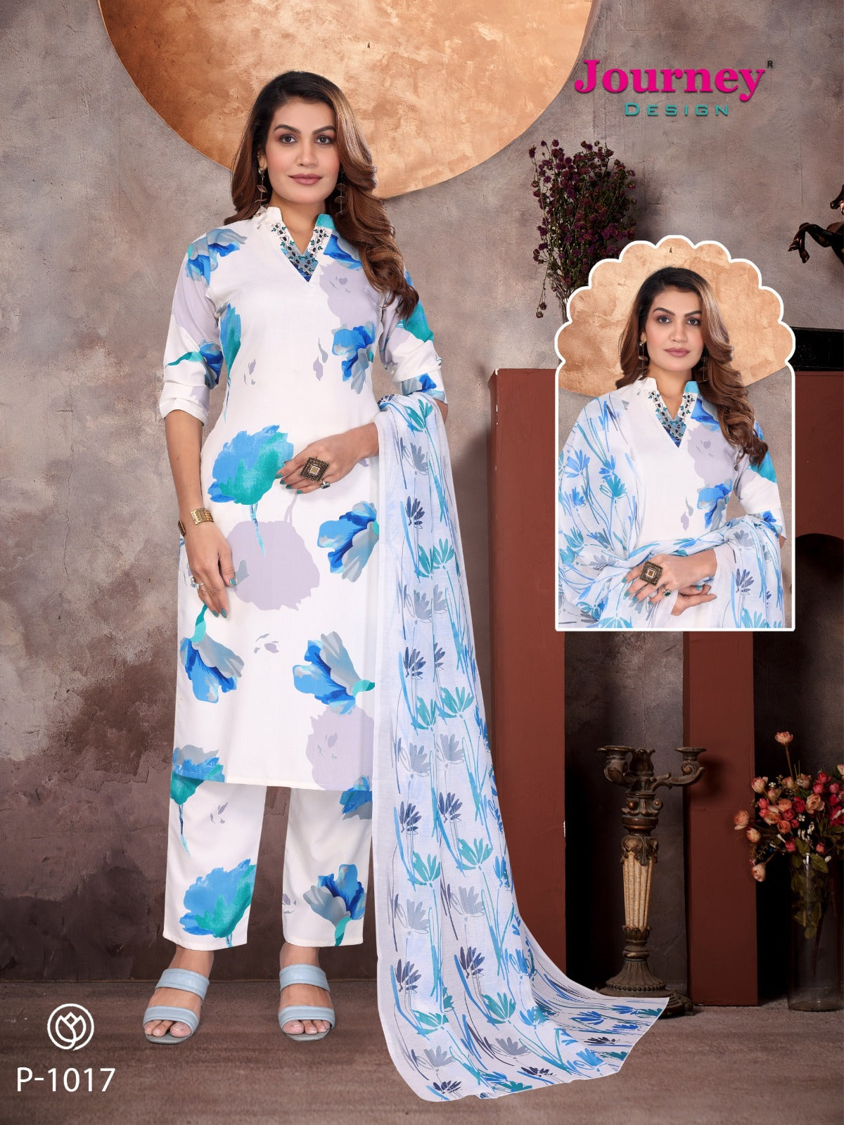 P 1017-1018 Journey Design Reyon Readymade Pant Style Suits Exporter Gujarat