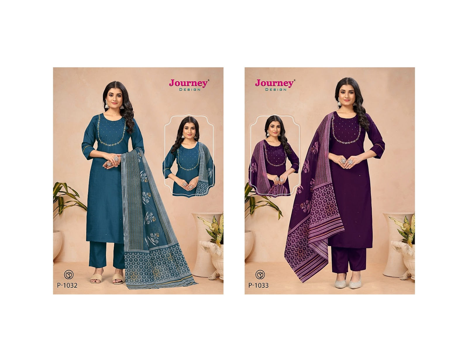 P 1032-1033 Journey Design Cotton Readymade Pant Style Suits Wholesaler India