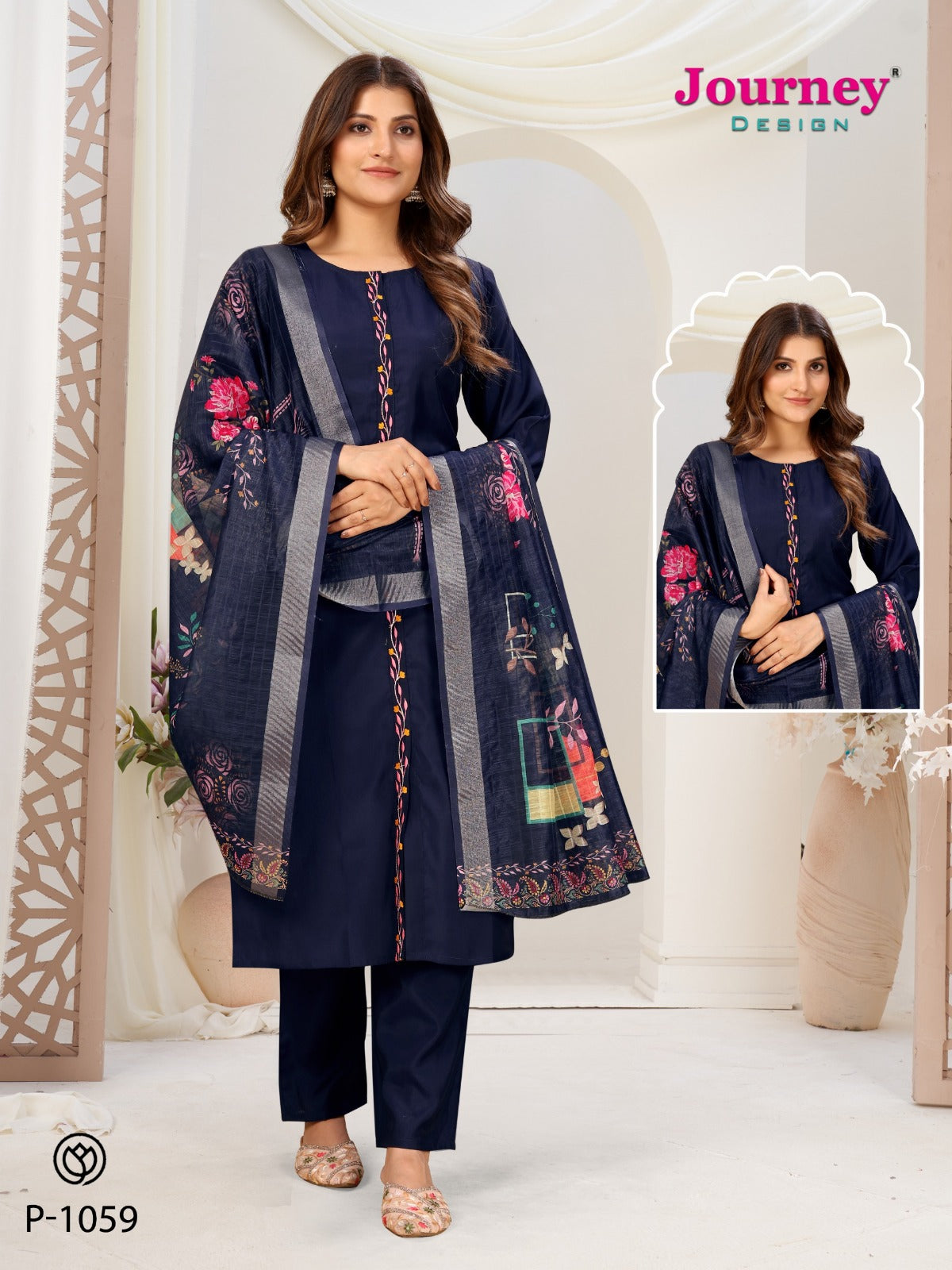 P 1058-1059 Journey Design Roman Silk Readymade Pant Style Suits Wholesaler Ahmedabad