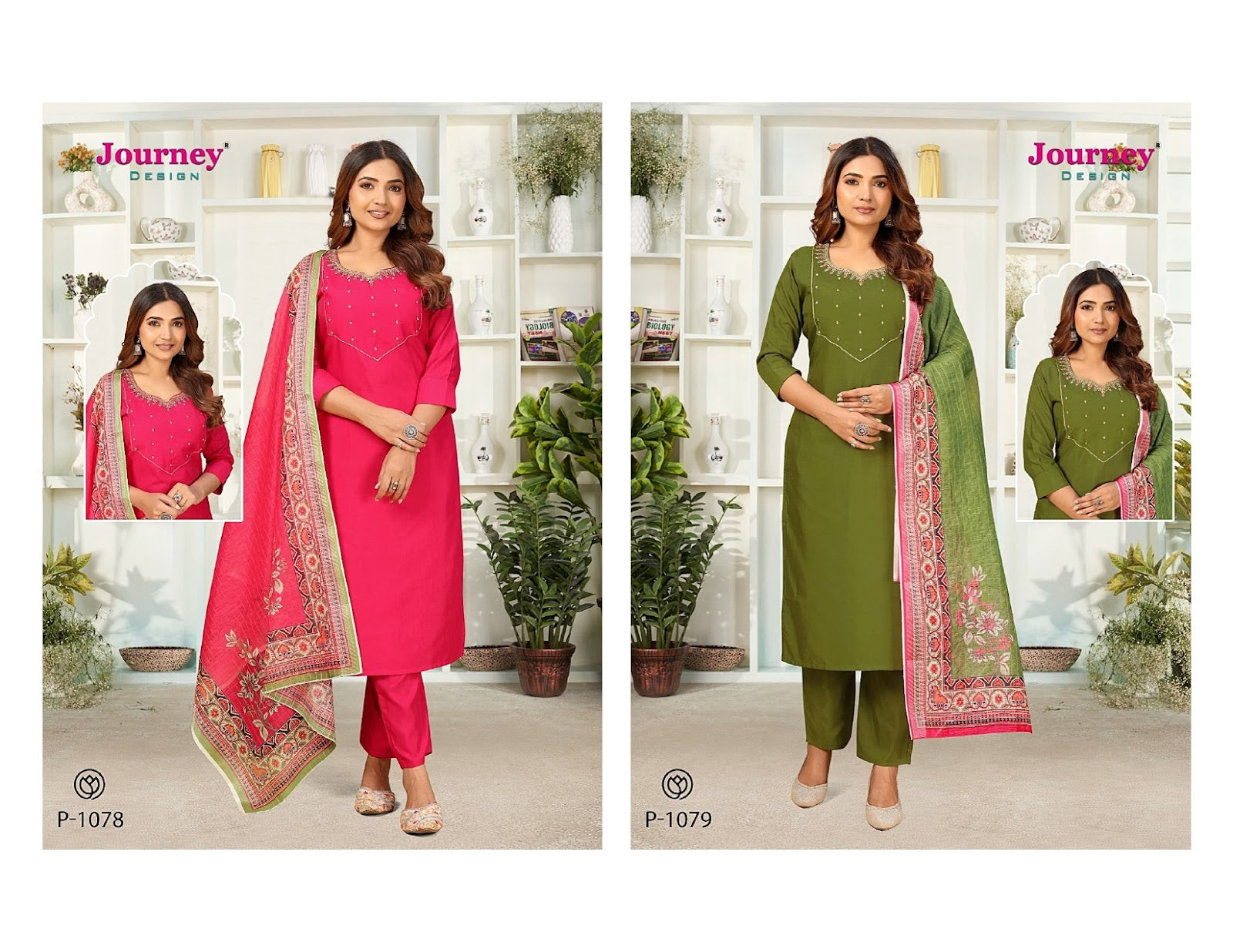 P 1078-1079 Journey Design Silk Readymade Pant Style Suits Wholesale Price