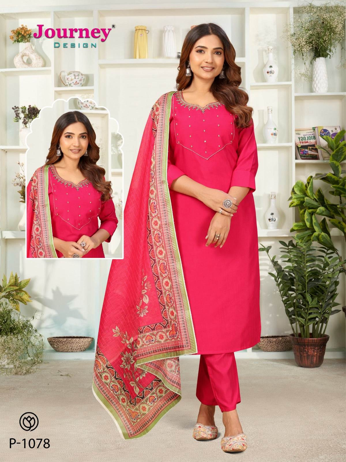 P 1078-1079 Journey Design Silk Readymade Pant Style Suits Wholesale Price
