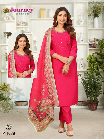 P 1078-1079 Journey Design Silk Readymade Pant Style Suits Wholesale Price