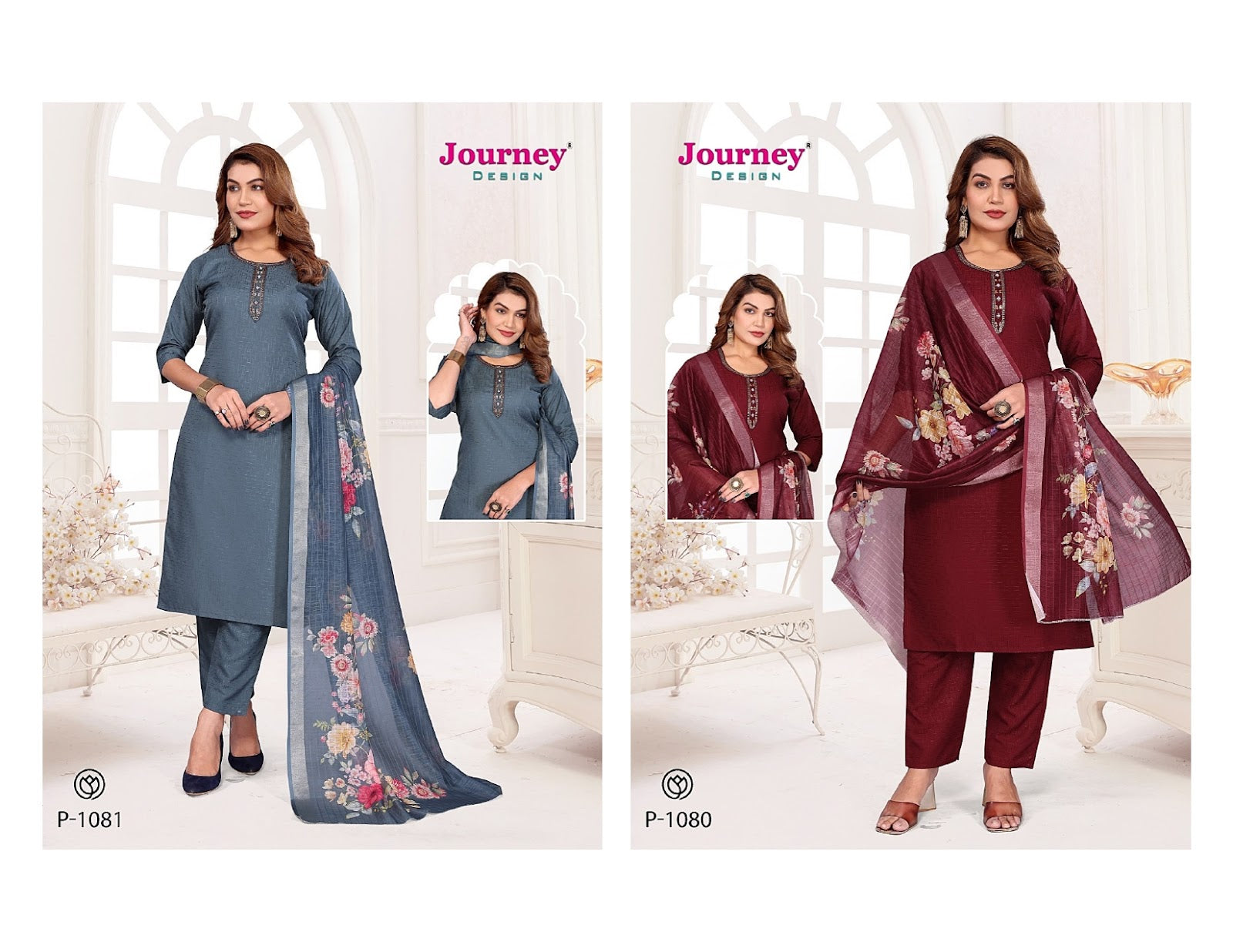 P 1080-1081 Journey Design Reyon Readymade Pant Style Suits Exporter Gujarat