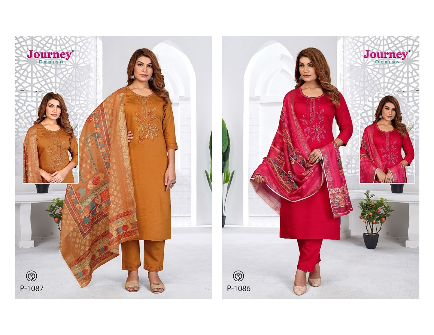 P 1086-1087 Journey Design Silk Readymade Pant Style Suits Supplier Gujarat