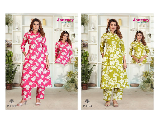 P 1102-1103 Journey Design Reyon Kurti Plazzo Set Supplier