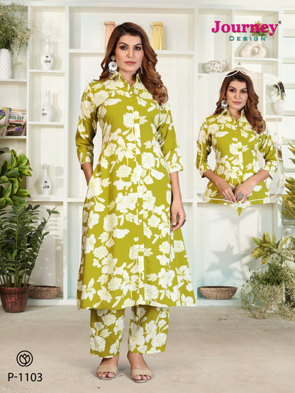 P 1102-1103 Journey Design Reyon Kurti Plazzo Set Supplier